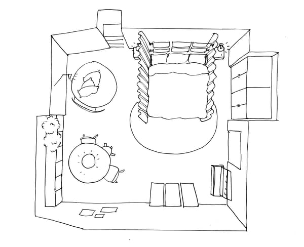 IKEA a des idées pour vous aider à concevoir une chambre comme celle-ci. Dans le fond, une table, des armoires et un coin lecture. À gauche, une TV fixée au mur. À droite, un lit entouré de rideaux. Contre le mur de l’entrée, une armoire.