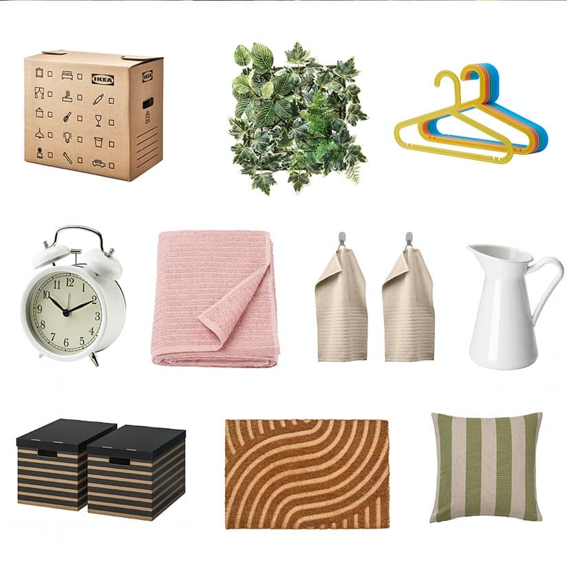 IKEA Artikel: Umzugskarton, Fake Pflanze, Kleidebügel, Wecker, Handtuch, Aufbewahrungsboxen, Teppich und ein Polster
