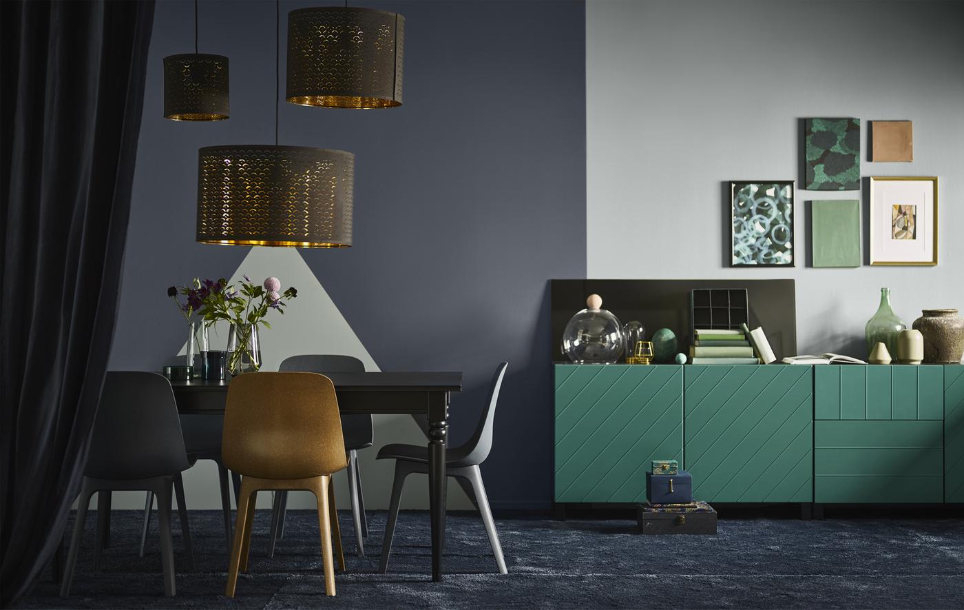 IKEA can help with interior design ideas like a darker blue dining room or green living room kept soft with pops of brass details, lighter tone-in-tone colours and felty textures.