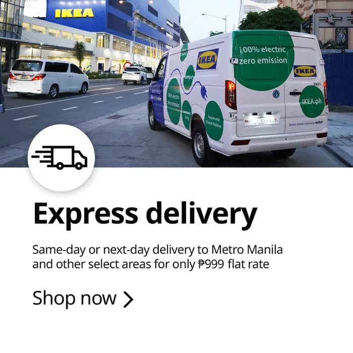 IKEA delivery van promoting express delivery services in Metro Manila for a flat rate of ₱999.