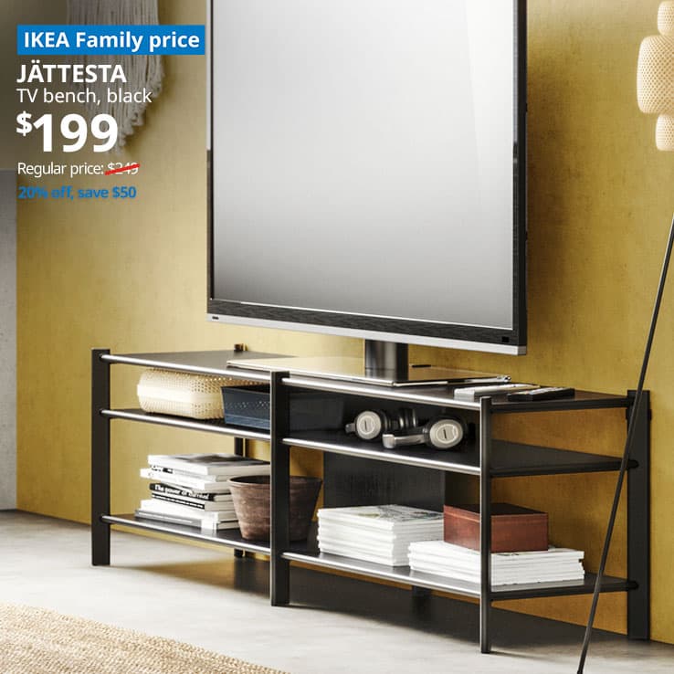 IKEA Family offer. JÄTTESTA TV bench, black, 160x40x49 cm. Regular price: $249. Offer price: $199.
