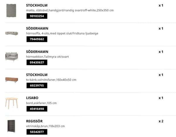 IKEA furniture product list with individual article numbers, selected for IKEA home design service