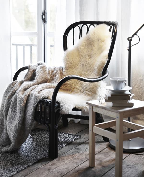 IKEA has lots of bedroom furniture ideas for a comfy, cosy room. Drape a white, woolly LUDDE sheepskin over your favourite armchair for extra warmth and snuggly softness. It’s hard-wearing, too.