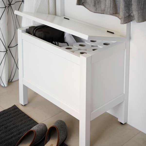 IKEA HEMNES white storage bench fits in many small space bathrooms. The towel rail lets you hang clothes and towels, while the storage bench is also a seat.