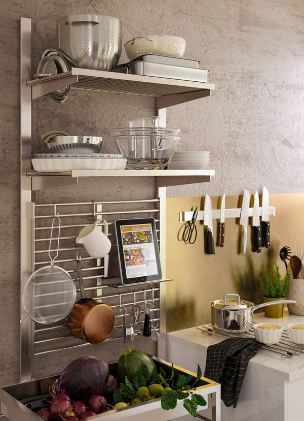 IKEA KUNGSFORS grey stainless steel suspension rail with shelves.
