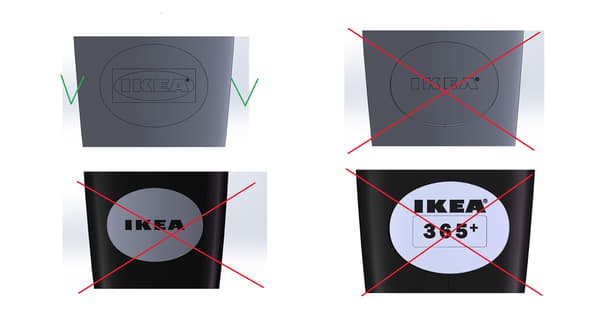 IKEA-logotyp som berörs av återkallelsen och varianter som inte berörs.