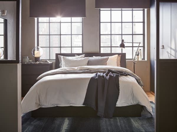 IKEA MALM black brown high bedframe is made of sleek veneer and modern in design with clean lines and edges. Soften the look with BLÅVINDA and KUNGSBLOMMA quilt covers and bedsheets.