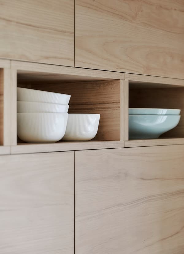 IKEA METOD ASKERSUND smooth wood ash effect cabinet fronts storing bowls.
