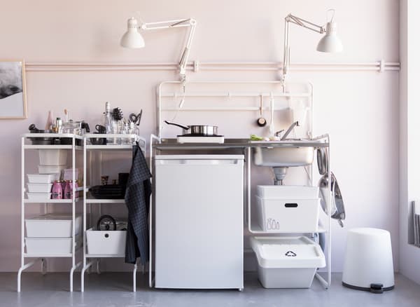 IKEA offers smart and small compact kitchen units, such as SUNNERSTA kitchen in white stainless steel. If you’re looking for kitchen design ideas and want a kitchen on a budget, IKEA has a wide range of kitchen furniture and kitchen accessories.