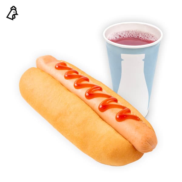 IKEA Singapore's Swedish Bistro Food combo — Hot dog & cold drink. On the top left corner, food allergen chicken symbol in black is seen.