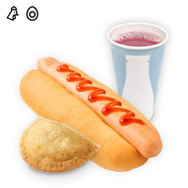 IKEA Singapore's Swedish Bistro Food combo — Hot dog, curry puff & cold drink. On the top left corner, food allergen chicken & egg symbol in black is seen.