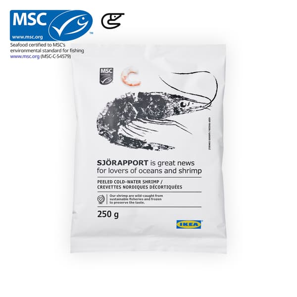 IKEA Singapore's Swedish Food Market Seafood section — SJORAPPORT Peeled cold water shrimp, 250g. An MSC certificate with a prawn food symbol in black on the top left corner.