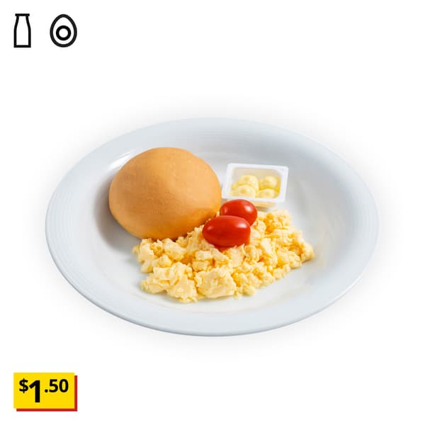 IKEA Singapore's Swedish Restaurant's breakfast — Soft butter roll & scrambled egg breakfast set with 1 butter. A egg food symbol in black on the top left corner with a breath-taking price tag in yellow of $1.50.