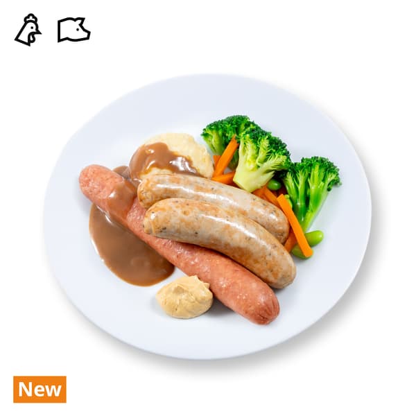 IKEA Singapore's Swedish Restaurant's hot dishes  — Banger & mash; serve with 2 pcs German Pork Bratwurst, 1 pc Smoked Chicken Garlic Bratwurst, mashed potato, mixed vegetbales with green soya bean, serve with cream sauce and mild mustard. Food allergen symbol of chicken and pork in black is on the top left corner. On the bottom left corner, a orange tag with white text that reads 'New'.