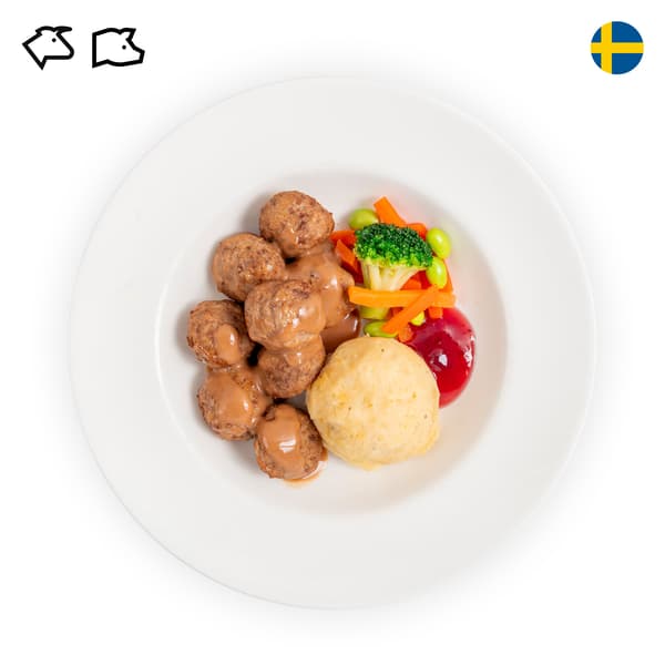 IKEA Singapore's Swedish Restaurant's hot dishes  — Swedish meatballs with mashed potato, mixed vegetables with green soya beans, cream sauce and lingonberry jam, with beef and pork food symbol in black on the top left corner.