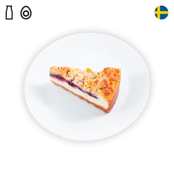 IKEA Singapore's Swedish Restaurant's menu — Blueberry raspberry cheesecake with dairy food symbol in black on the top left corner.