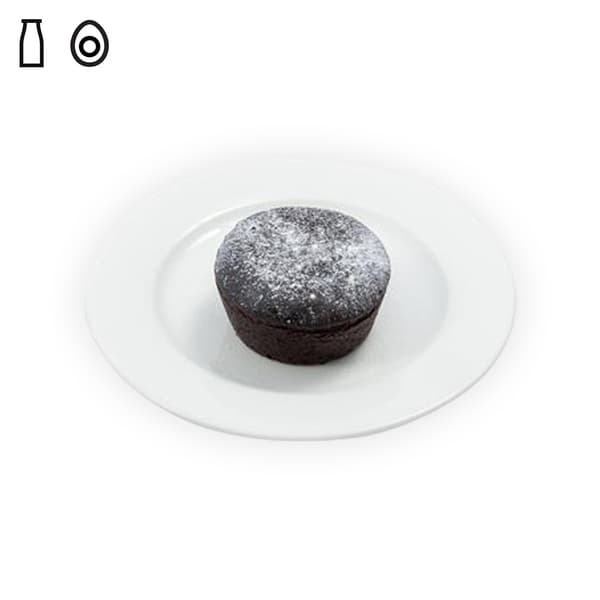 IKEA Singapore's Swedish Restaurant's menu — Chocolate lava cake with dairy and egg food symbol in black on the top left corner.