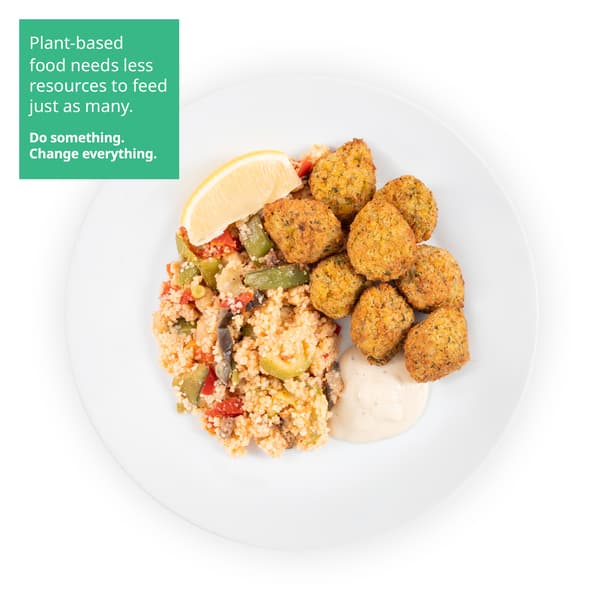 IKEA Singapore's Swedish Restaurant's plant-based menu — 8pcs Falafel balls with couscous served with aioli sauce on the side. A sustainability communication on the top left corner overlaying image in green with white text that reads 