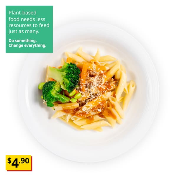 IKEA Singapore's Swedish Restaurant's plant-based menu — Plain penne pasta with mixed vegetables.  A sustainability communication on the top left corner overlaying image in green with white text that reads 
