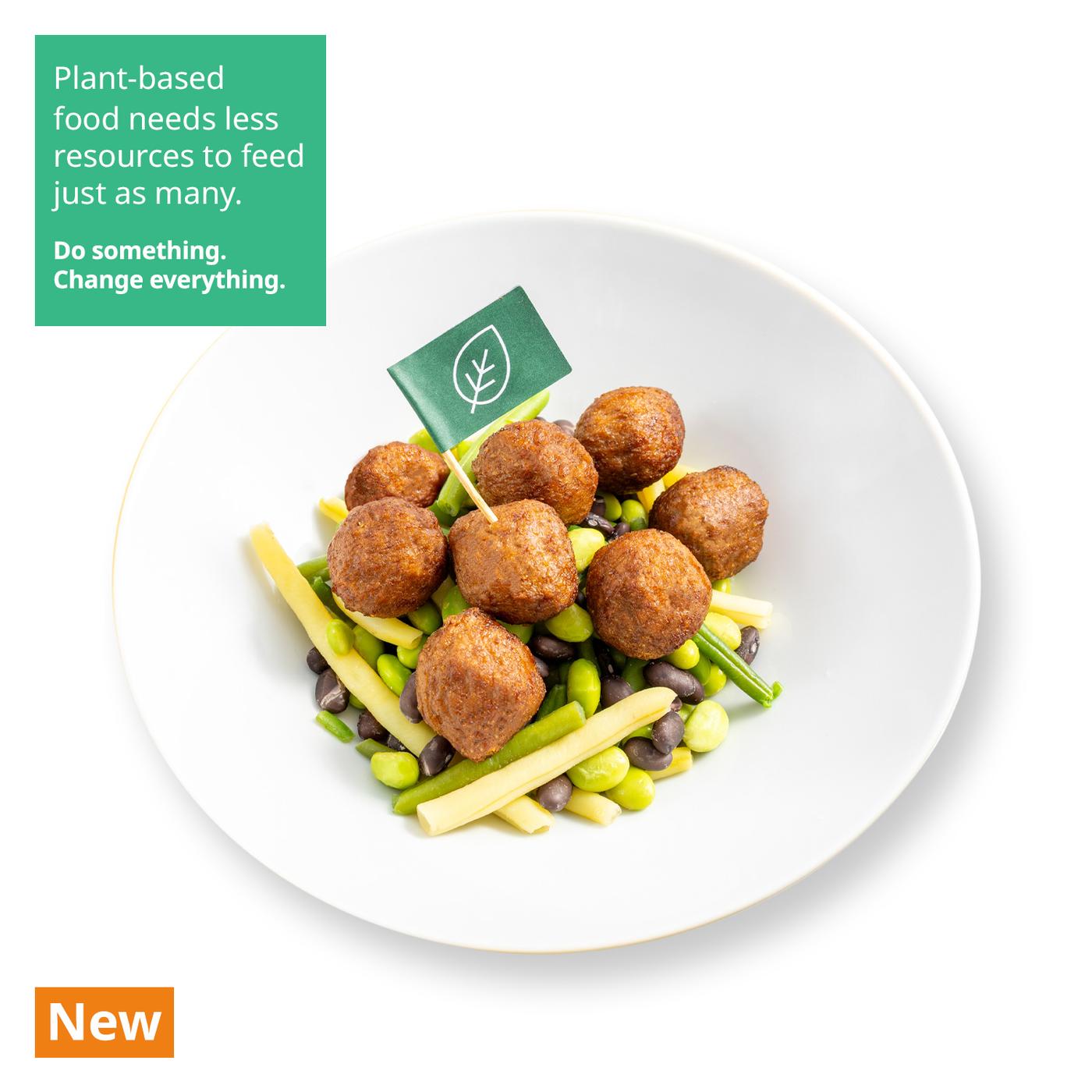 IKEA Singapore's Swedish Restaurant's plant-based menu — Plant balls in East Asia style Plant ball with Bean Mixed and meatball cream sauce. A sustainability communication on the top left corner overlaying image in green with white text that reads 'Plant-based food needs less resources to feed just as many. Do something. Change everything.'