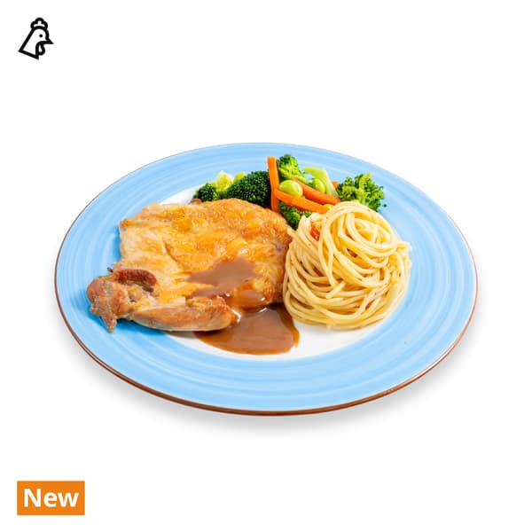 IKEA Tampines Halal Restaurant's hot dishes  — Baked chicken chop with aglio olio and mixed vegetables. A chicken food symbol in black on the top left corner and a orange tag with white text that reads 'New' at the bottom left corner.
