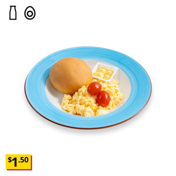IKEA Tampines Halal Restaurant's hot dishes — Soft butter roll & scrambled egg breakfast set with 1 butter. An egg food symbol in black on the top left corner with a breath-taking price tag in yellow of $1.50.