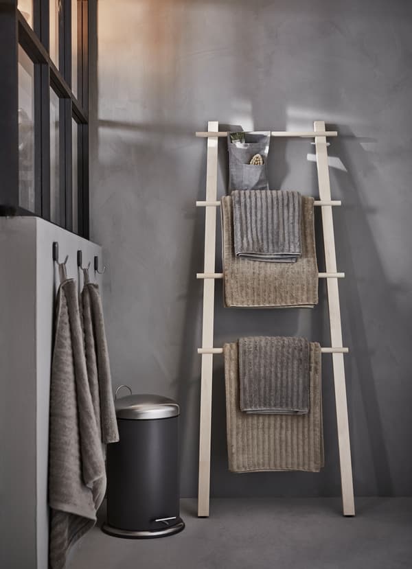 IKEA VILTO light birch towel stand has four levels to hang towels, clothes or even a basket organiser to keep your hairbrush and smaller toiletries.