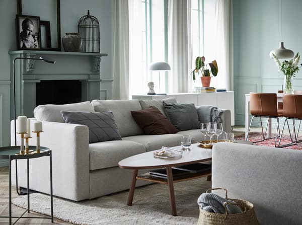 IKEA VIMLE light grey 3-seat sofa in an open living space.