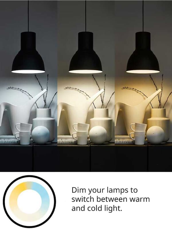 Illustrated image with three lamps in different light tones, from white to warm, with the text “dim your lighting and choose from cool to warm light”.