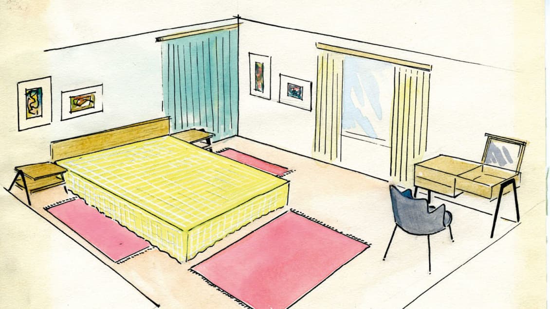 Illustration av ett sovrum med säng, skrivbord och stol.