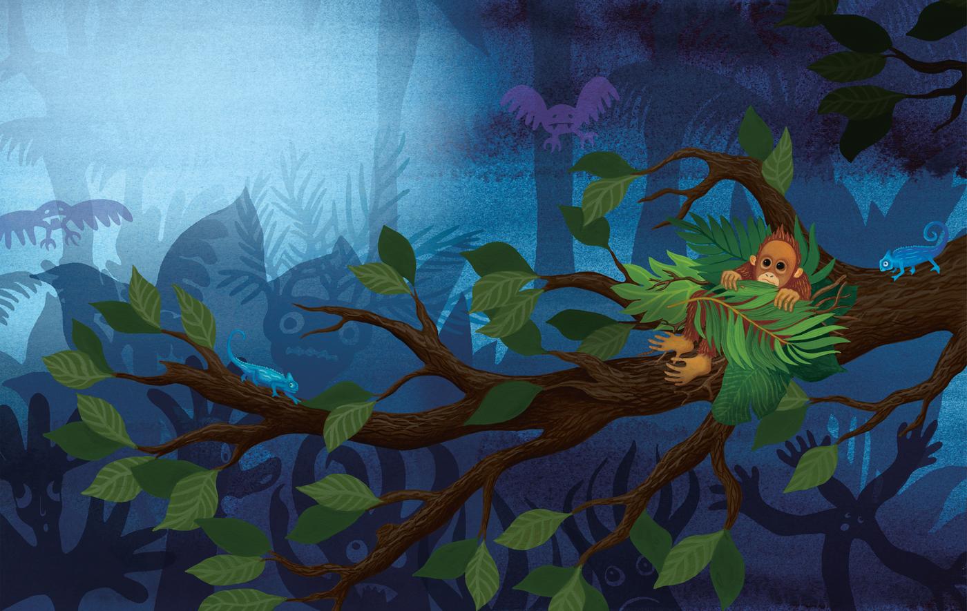Illustration colorée d'un bébé orang-outan caché dans un arbre dans le noir.