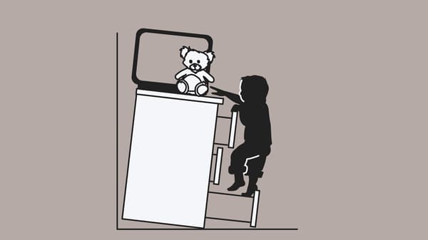 Illustration de commode non fixée, sur laquelle se trouvent une télévision et un jouet, basculant sur un enfant qui en escalade les tiroirs.