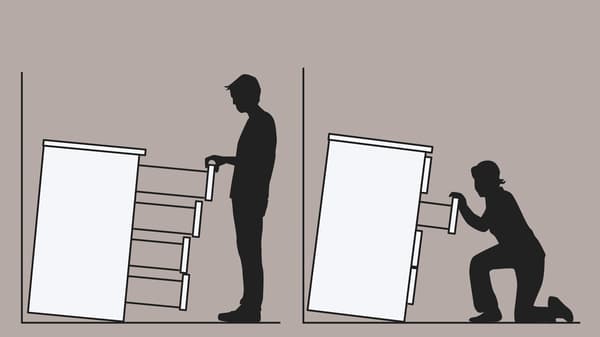 Illustration de deux commodes non fixées au mur et qui basculent sur un homme et une femme.