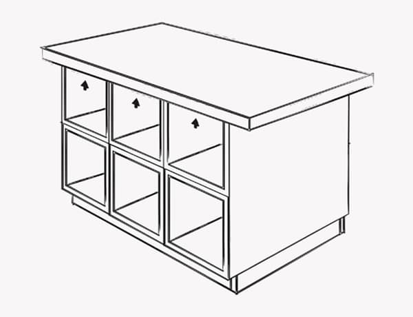 Illustration montrant où visser la base de l’îlot au plateau de table.