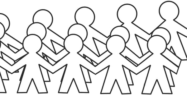 Illustration of a paper cut into garlands that look like children holding hands.