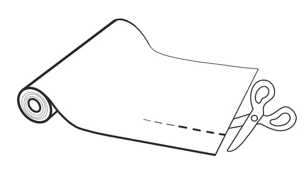 Illustration of a white paper roll with cut marks and an open scissor.