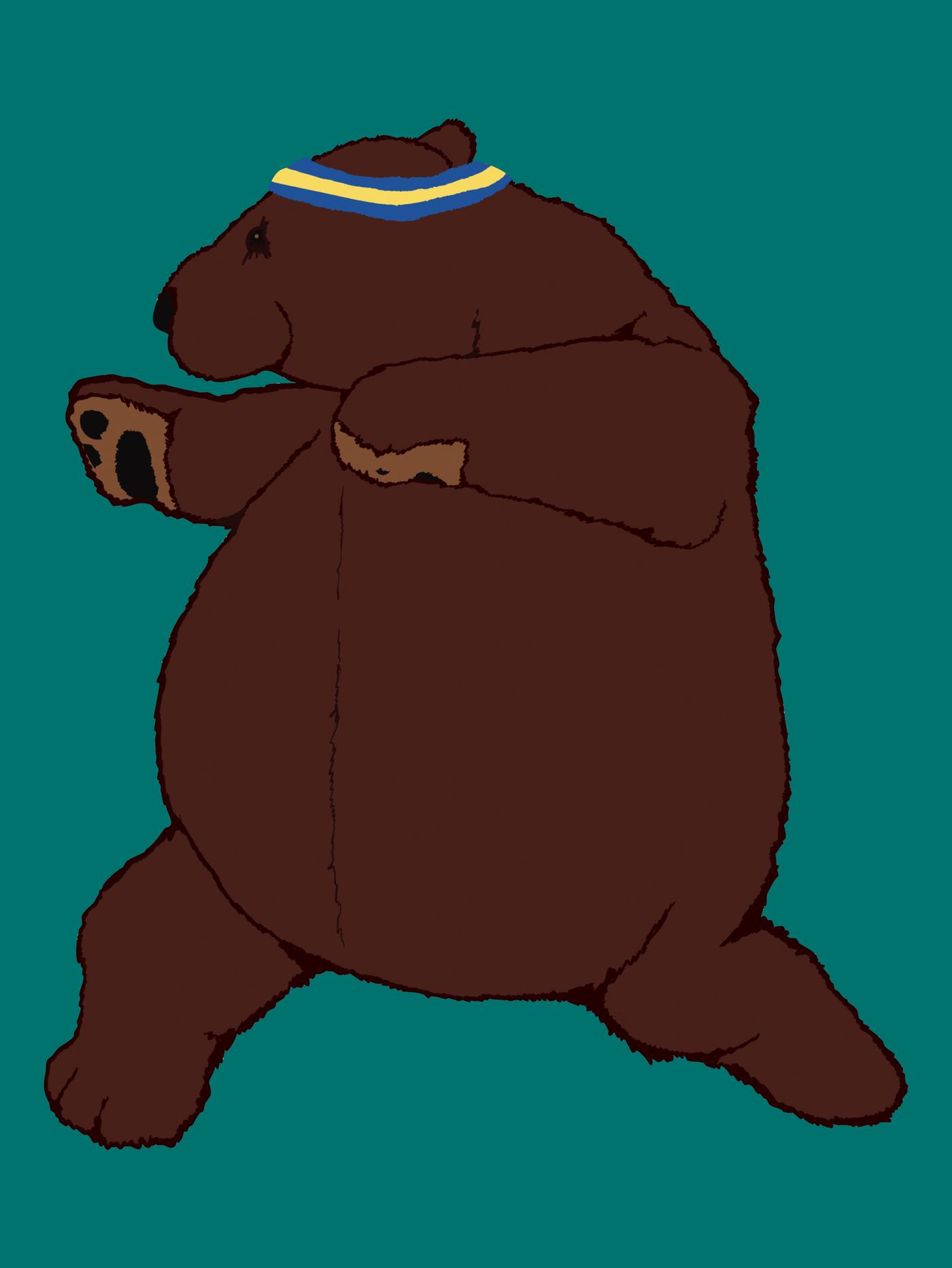 Illustration of DJUNGELSKOG brown bear doing exercises in front of a turquoise background.