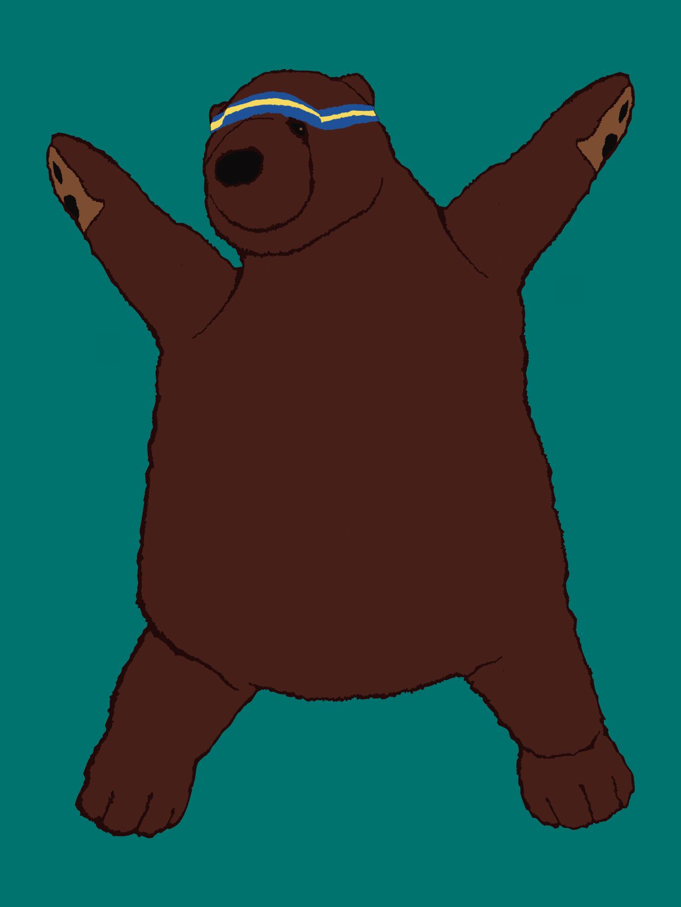 Illustration of DJUNGELSKOG brown bear doing exercises, jumping like a “bear star” in front of a turquoise background.