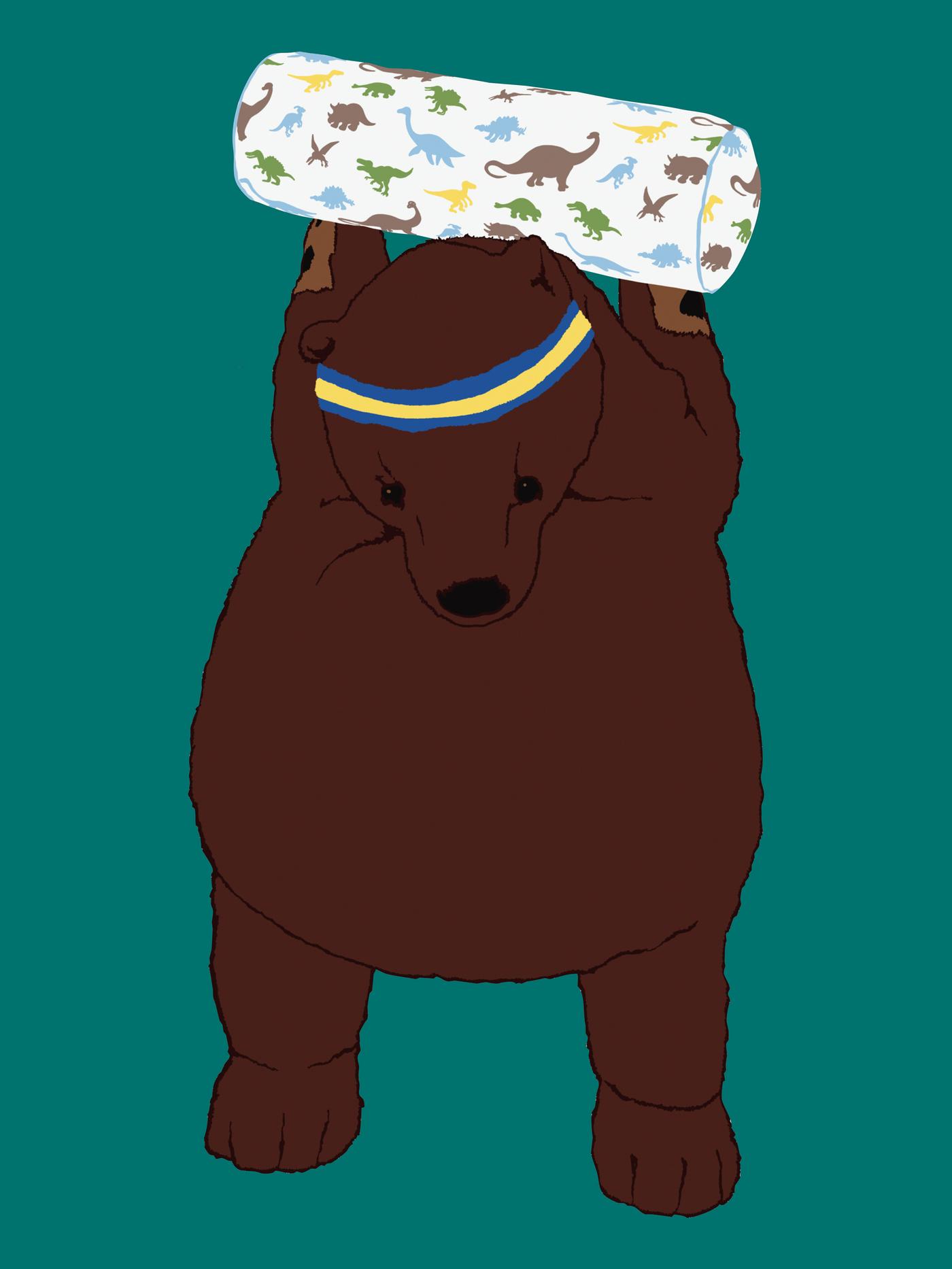 Illustration of DJUNGELSKOG brown bear lifting a JÄTTELIK cushion behind his head in front of a turquoise background.