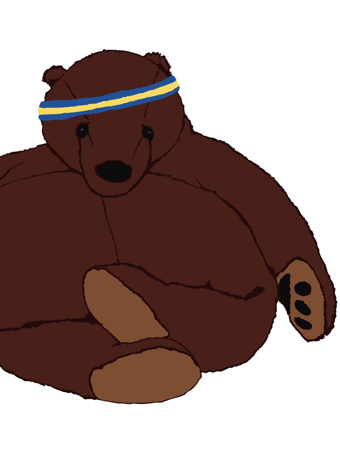 Illustration of DJUNGELSKOG brown bear sitting down, doing a relaxing exercise.