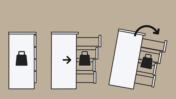 Illustration som visar hur tyngdpunkten hos en byrå som inte har förankrats i väggen, flyttas vilket gör att byrån välter.