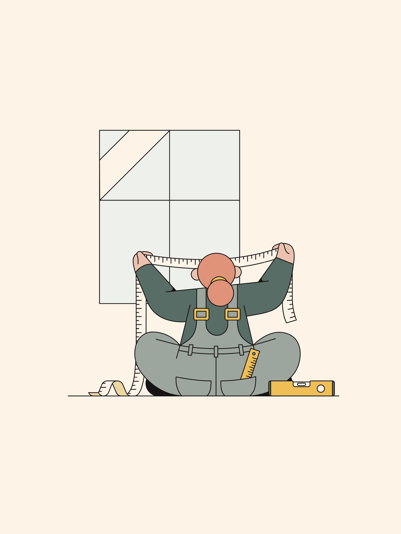 Ilustracija crvenokose žene na podu, s trakom za merenje u obe šake, ispred prozora.