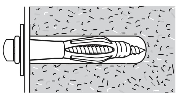 Ilustración de un tornillo perforado en una pared sólida con un taco.