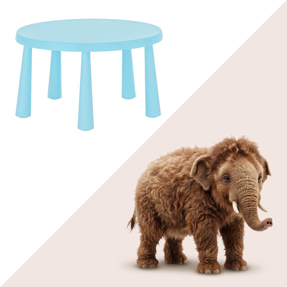 Image séparée d’une table pour enfant et d’un mammouth. Le texte indique « Qu’est-ce qu’un MAMMUT ? Défi du 50e anniversaire de IKEA »