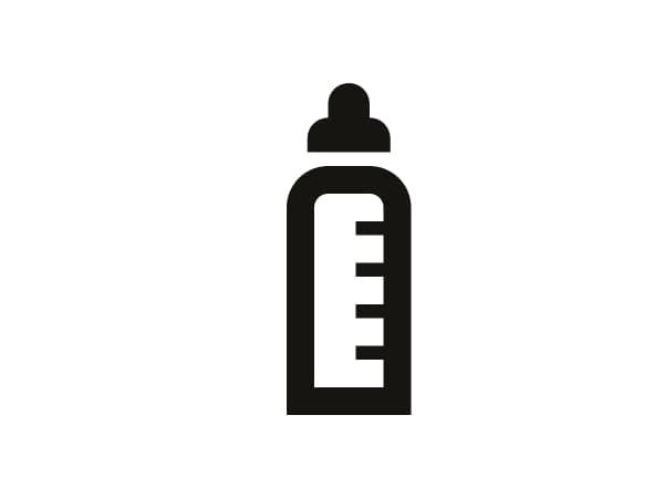 白い背景に黒い哺乳瓶のアイコン。目盛り付きのシンプルなデザイン。