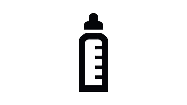 白い背景に黒い哺乳瓶のアイコン。目盛り付きのシンプルなデザイン。