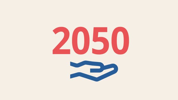 青い手の輪郭と赤い文字で『2050』と表示されたイラスト。