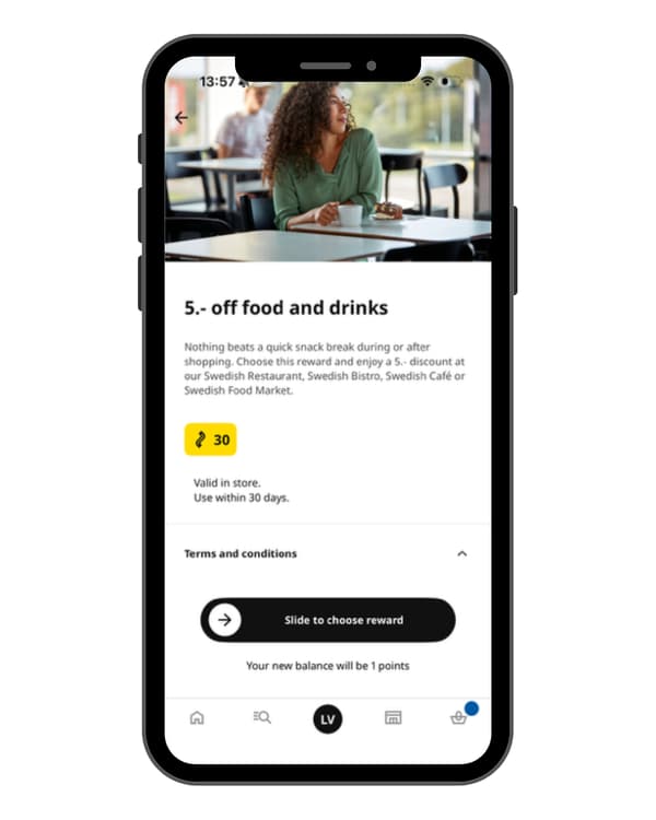 Instructions for finding your IKEA Family points in the IKEA app. Step 3 is to choose your next reward.