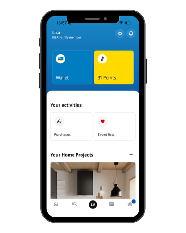 Instructions for finding your IKEA Family points in the IKEA app. Step 1 is to log in with your IKEA Family account and go to your personal profile.