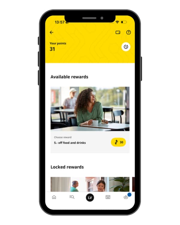 Instructions for finding your IKEA Family points in the IKEA app. Step 2 is to view your points and rewards.